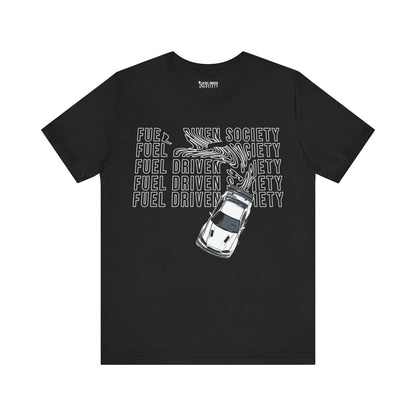 Front view of Fuel Driven Society's Drift Master Tee featuring warped text design and drifting car graphic