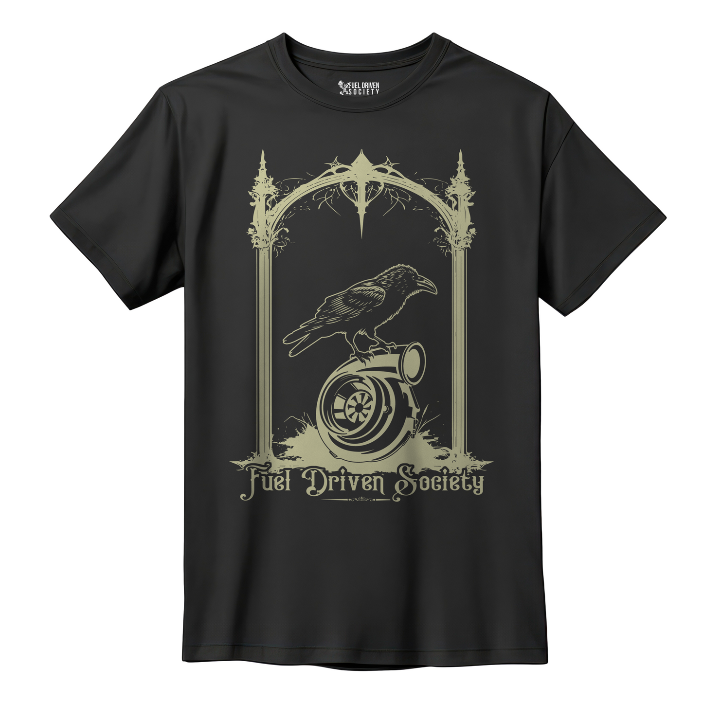 Front view of Fuel Driven Society's Raven Turbo Gothic Tee featuring a striking raven perched on a turbo, blending gothic style with car culture aesthetics